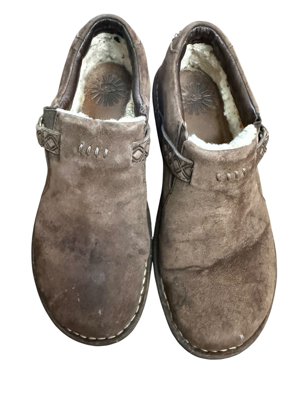 Ugg Women Oleander Shearling Brown Suede Clog Slip On Shoes Size 8